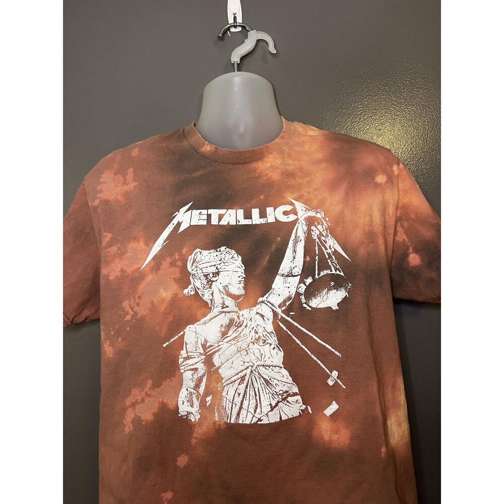 Metallica Shirt Mens Large Brown Bleach Tie Dye Lady Justice Graphic Band Tee